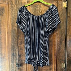 Blue and White Flutter Sleeve Ruched Blouse